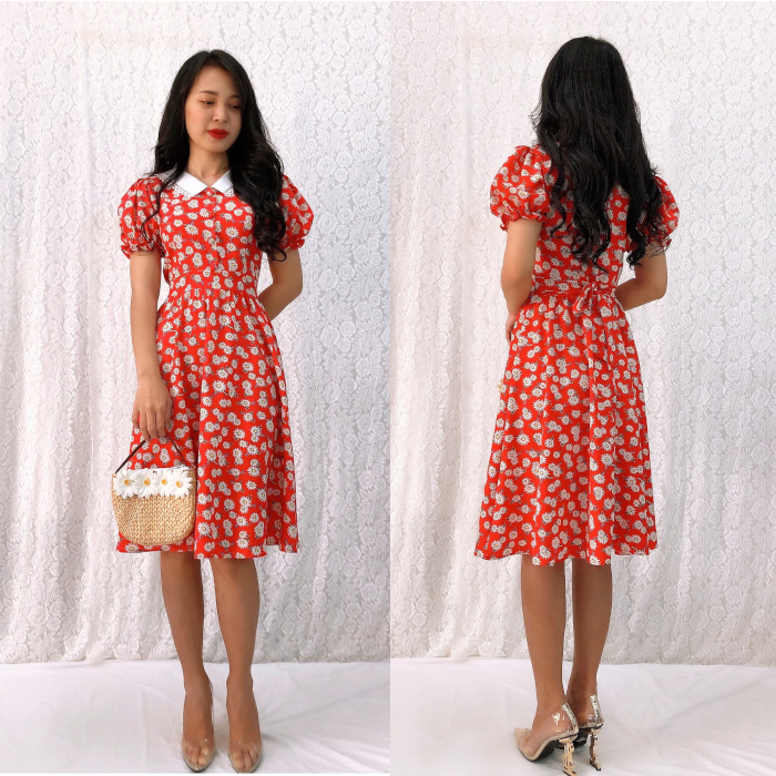Đầm xòe họa tiết S&M cổ phối ren tay phồng trẻ trung giá rẻ GR155 - Màu đỏ hình thật shop chụp