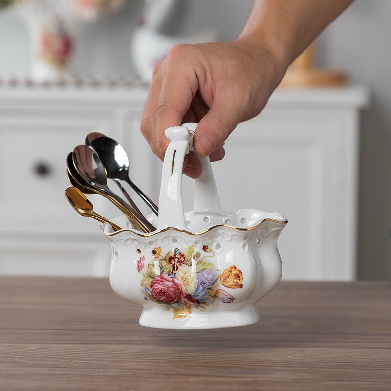 Lẵng bầu dục sứ trắng đựng thìa dĩa