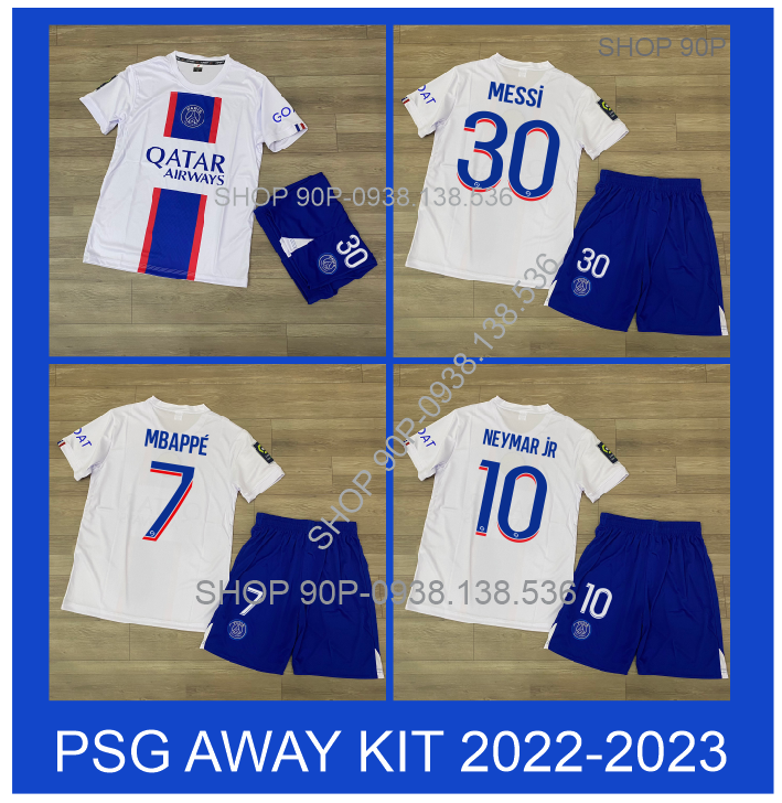 Bộ quần áo đá banh psg trắng sân khách 2023 in tên càu thủ