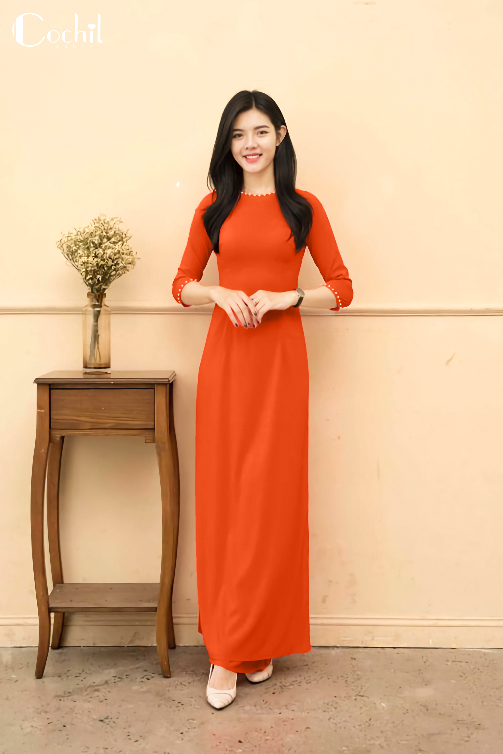 Áo dài cochil cổ tròn tay lỡ màu đỏ cam - áo dài truyền thống ad001