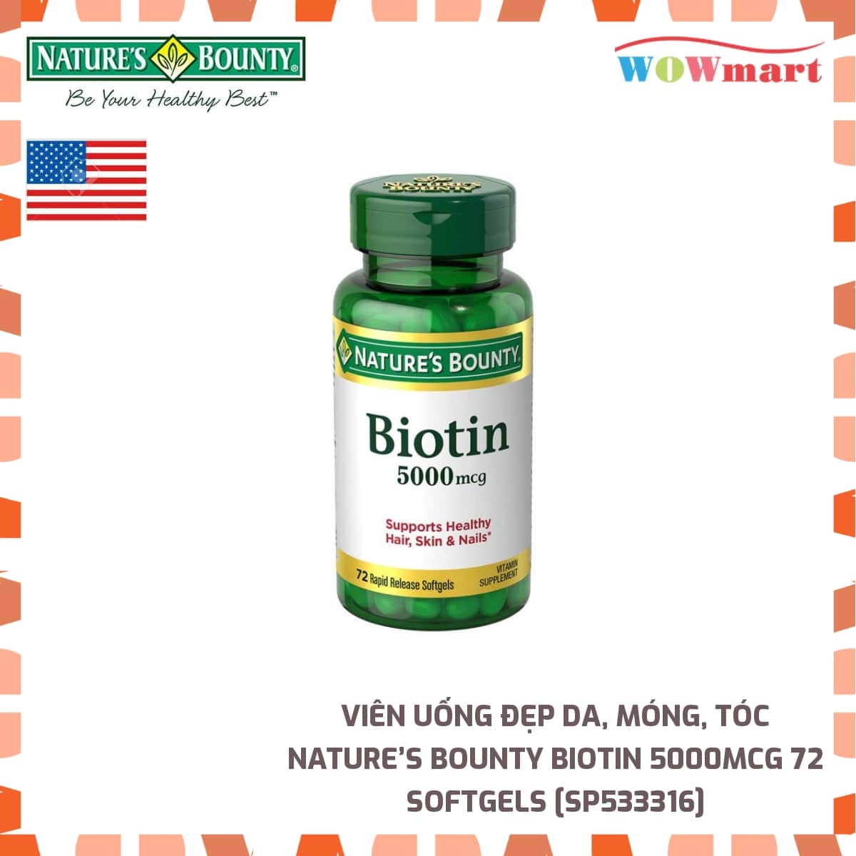 Viên uống đẹp da, móng, tóc Nature’s Bounty Biotin 5000mcg 72 Softgels