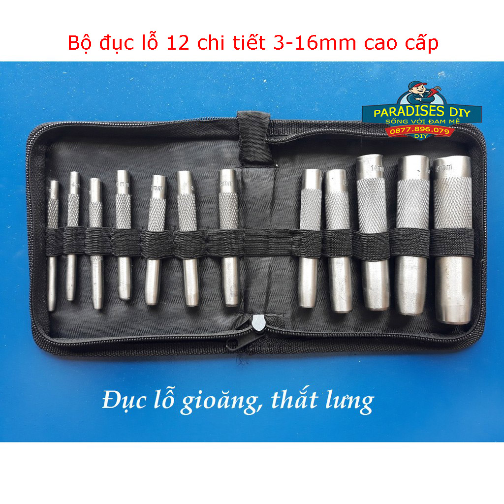 Bộ đục lỗ 12 chi tiết 3-16mm cao cấp, Bộ đục lỗ gioăng, thắt lưng 12 món