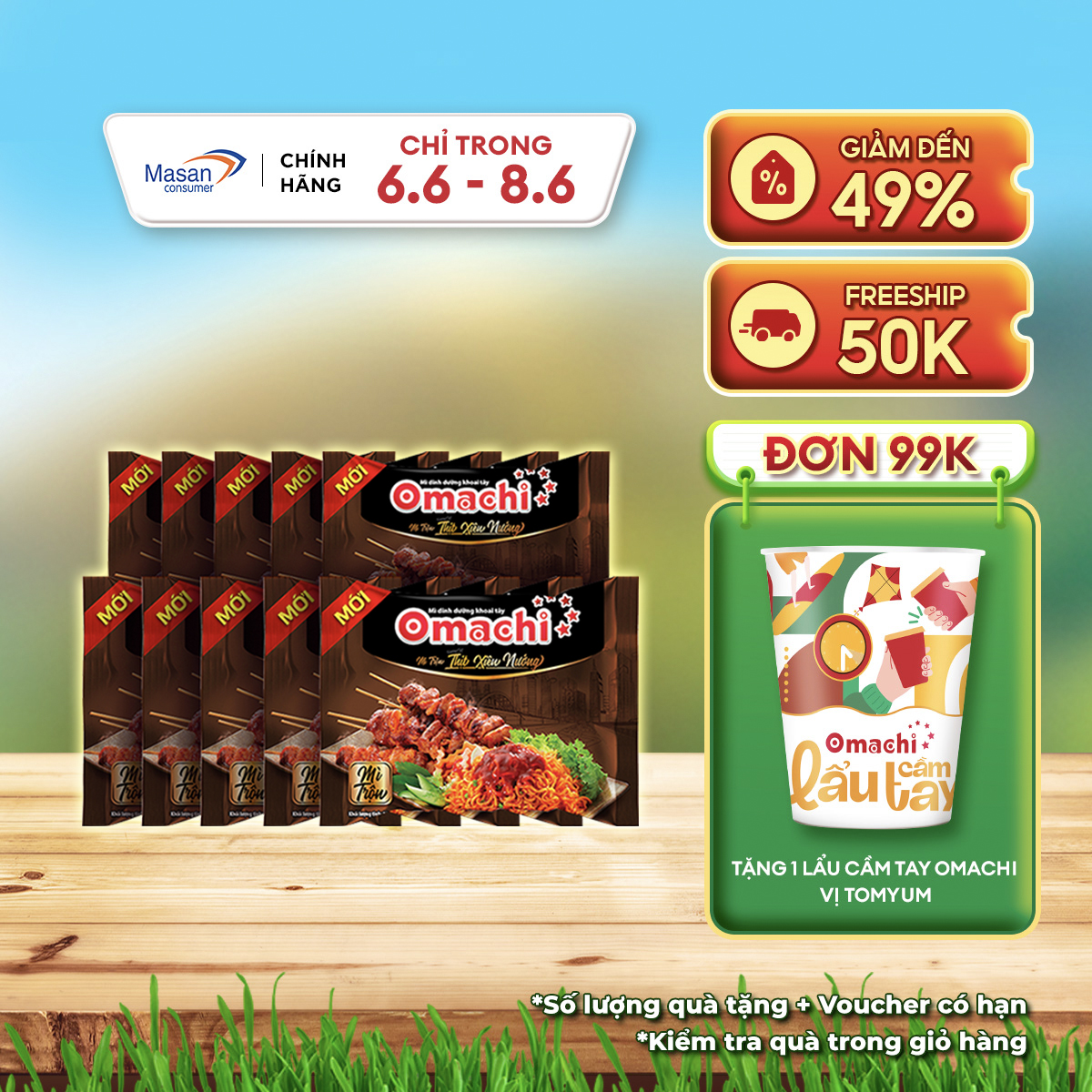 [20h 5-8.6 Voucher 18% CHO ĐƠN TỪ 199k]Mì Gói Omachi Thịt Xiên Nướng - Combo 10 Gói x 82G
