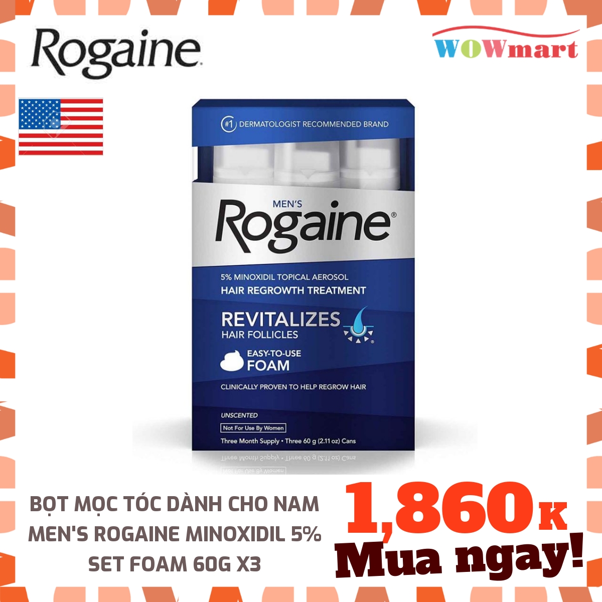 [HCM]Bọt mọc tóc dành cho nam Mens Rogaine Revitalizes Hair Follicles 60g x3 chai