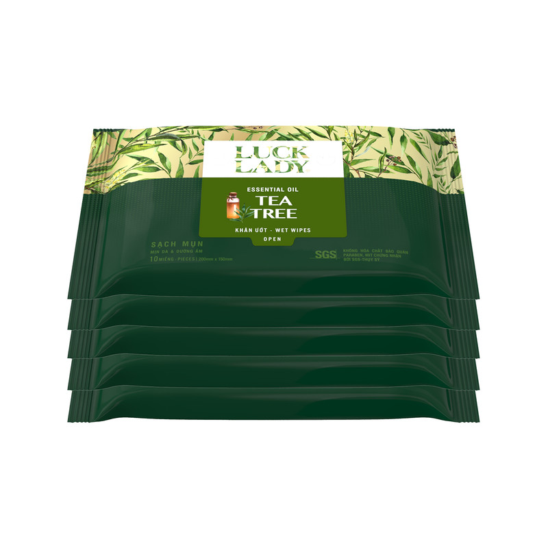 Combo 5 gói khăn ướt tea tree luck lady 10 tờ/gói