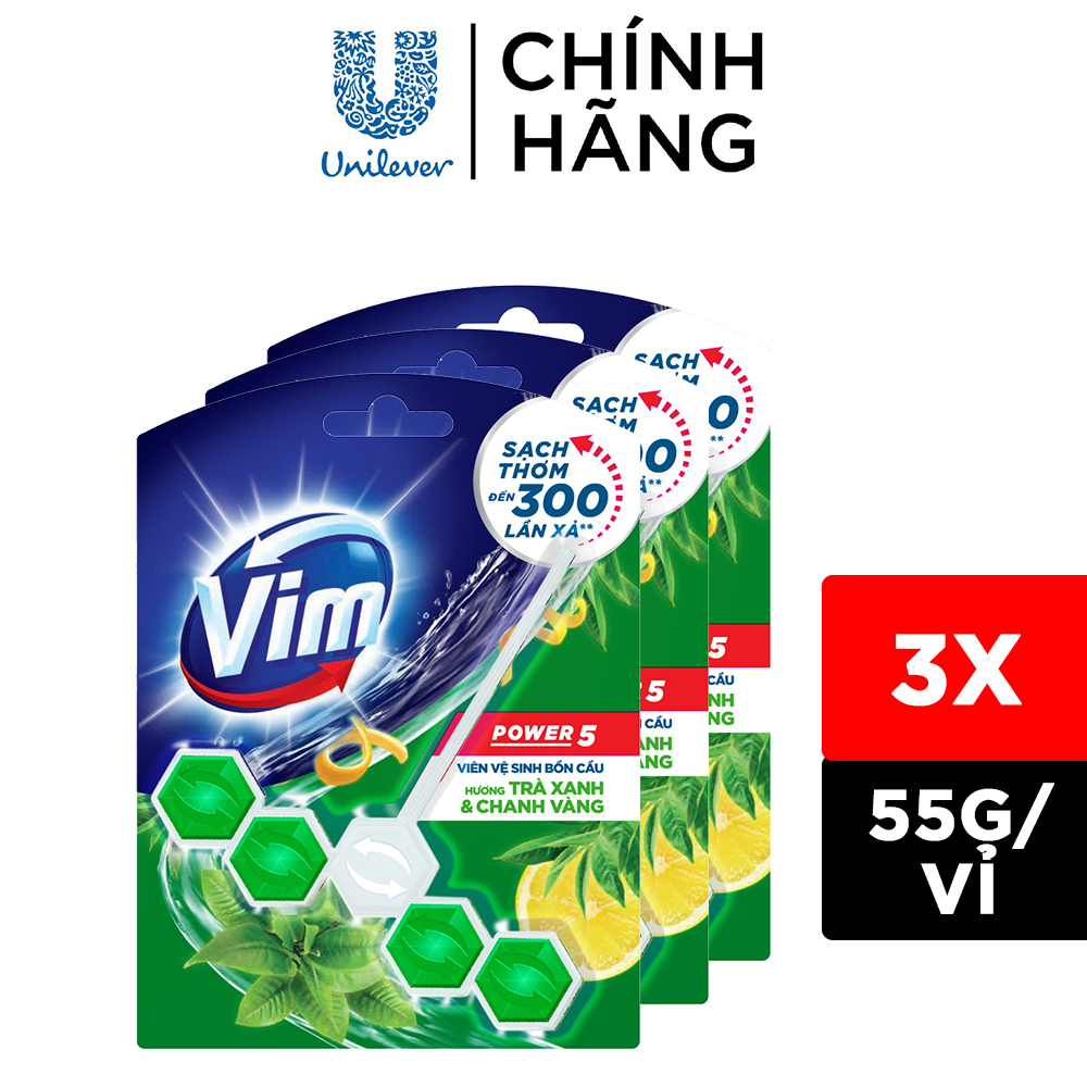 Combo 3 Viên treo bồn cầu VIM Power 5 hương Trà Xanh Chanh Vàng 55G x 3