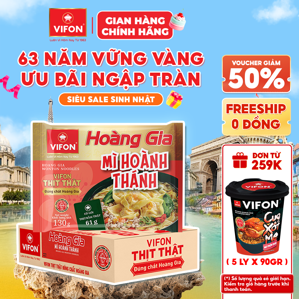 [Voucher 28% đơn từ 400K] Thùng 18 Gói/ Set 5 Gói Mì Hoành Thánh Hoàng Gia VIFON 130g Mì Ăn Liền Có Thịt Thật Đậm Đà
