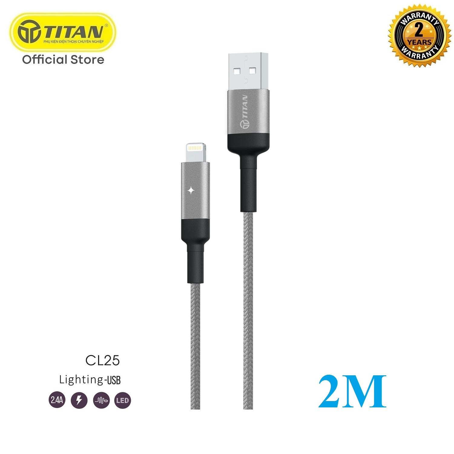 Cáp sạc tự ngắt dây dù TITAN CL25 dành cho iPhone cổng lightning 2.4A dài 2M - Hãng phân phối chính thức