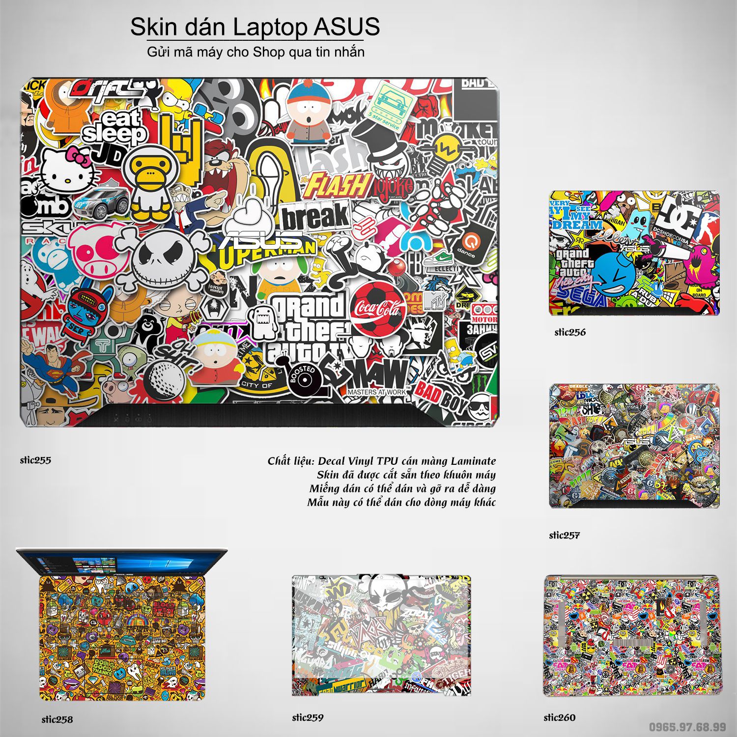 Decal Skin dán Laptop Asus mẫu sticker bomb (inbox mã máy cho shop)