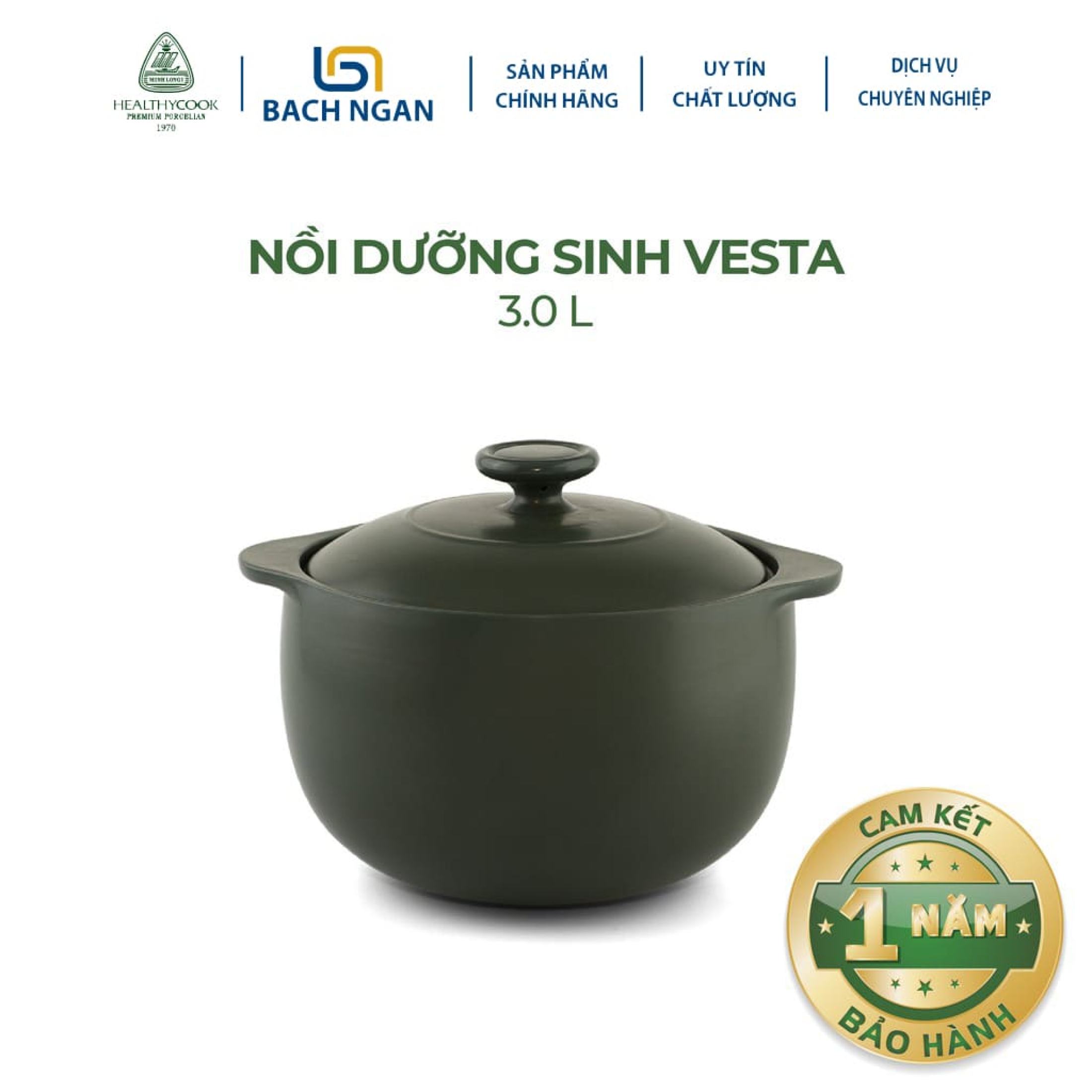 Nồi Sứ Dưỡng Sinh Minh Long Vesta 3.0 L dùng cho Bếp Ga, Hồng Ngoại có nắp đậy, tráng men màu sứ xanh rêu, có thể kho cá, hầm cháo - nồi đất
