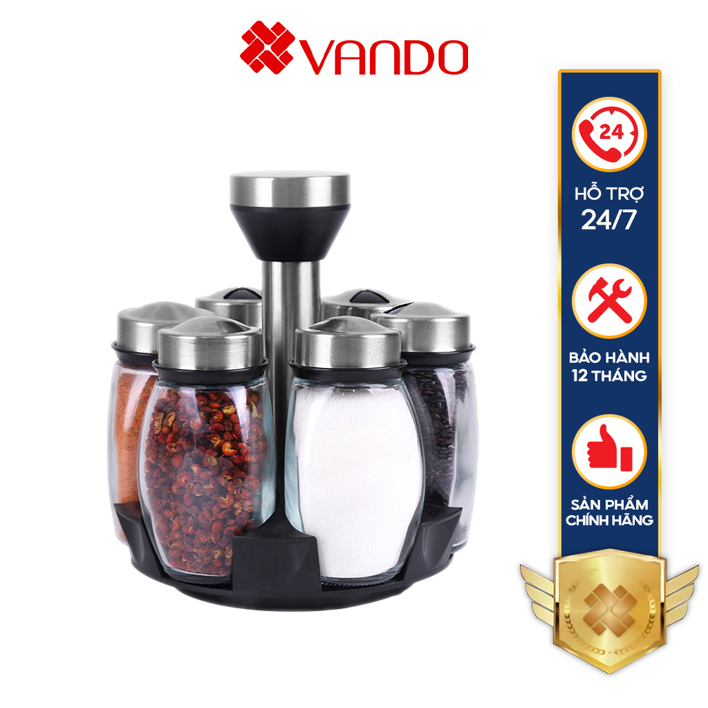 Bộ 6 hũ lọ thủy tinh đựng gia vị, muối, tiêu, ớt cho phòng bếp kèm đế xoay 360 độ