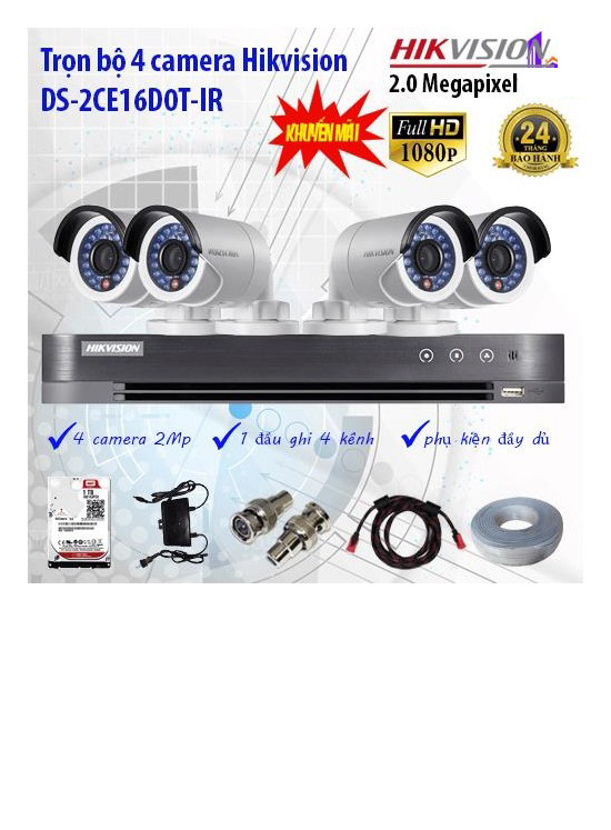 Trọn bộ 4 camera hikvision ds-2ce16d0t-ir + ds-7104hqhi-k1 dễ dàng lắp đặt chất lượng cao giá thành phải chăng