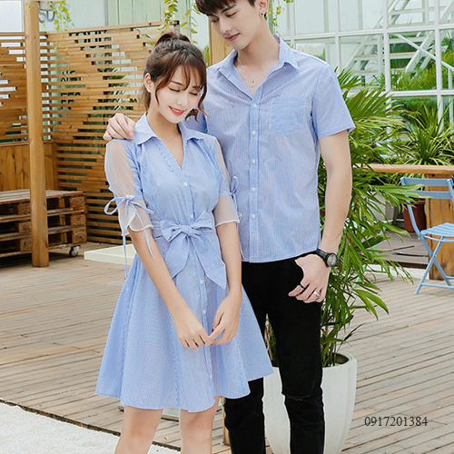Đầm đôi sọc xanh trắng tay voan lưới