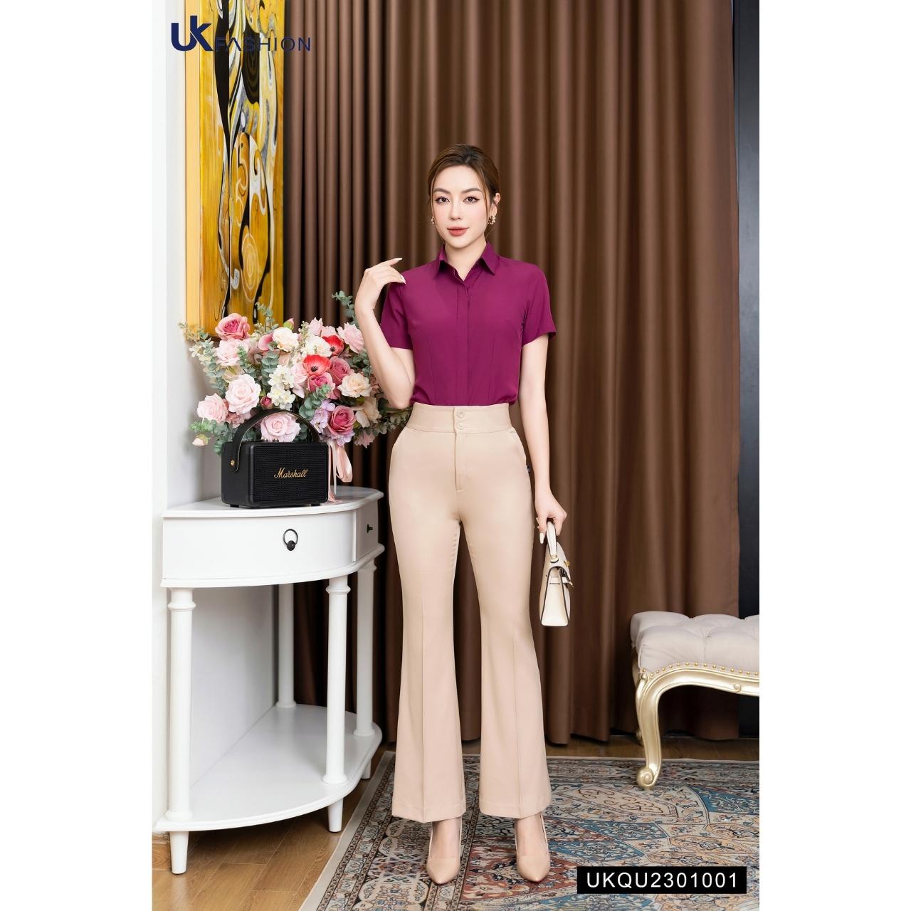 Quần Ống Loe Nữ NK FASHION UKQU2301001 Thiết Kế Cạp Cao 2 Cúc Chất Vải Nhập Hàn Dày Dặn Đứng Phom Phong Cách Thanh Lịch