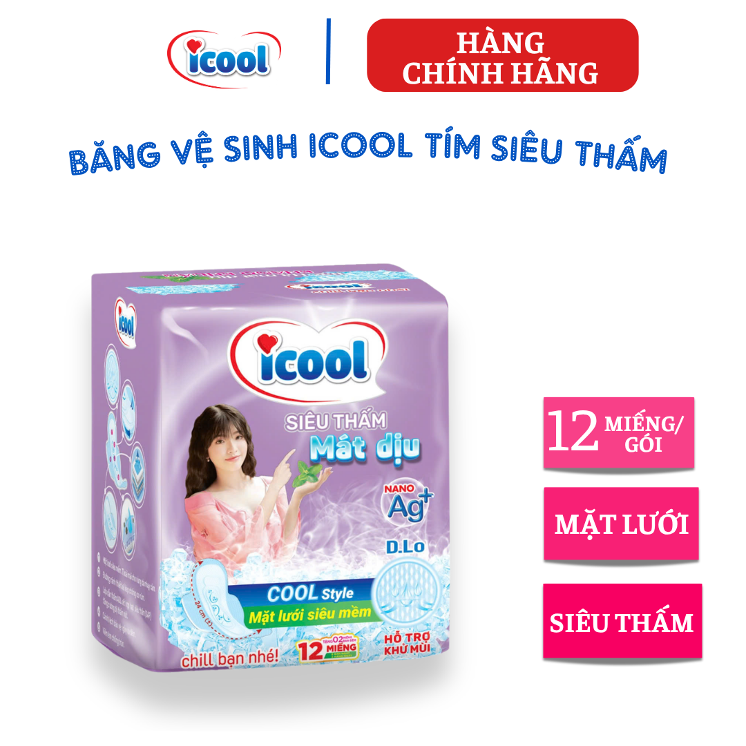 {Hàng chính hãng} Băng vệ sinh ICOOL siêu thấm tím mới 12 miếng, BVS ban ngày 24cm, có cánh, MẶT LƯỚI MỀM khô thoáng, kháng khuẩn, khử mùi, bạc hà MÁT DỊU.