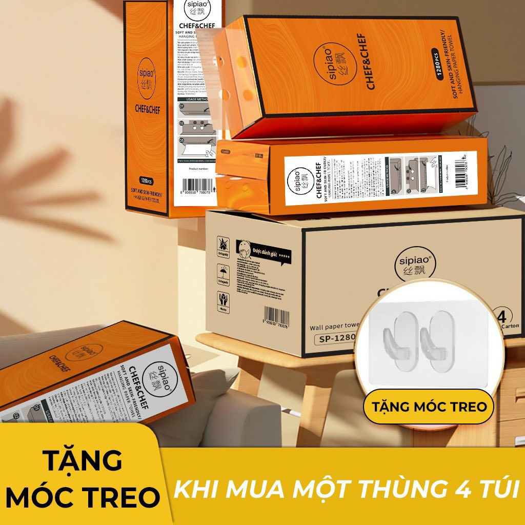 Thùng 4 Túi Khăn giấy khô Sipiao loại treo tường - Giấy rút chính hãng siêu dai tặng kèm móc dán