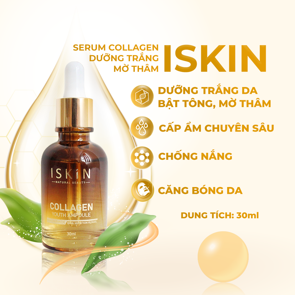 Serum Collagen Dưỡng Trắng Da Mờ Thâm, Cấp Ẩm Chuyên Sâu, Trẻ Hóa Da Và Chống Nắng ISKIN Collagen Youth Ampoule 30ml