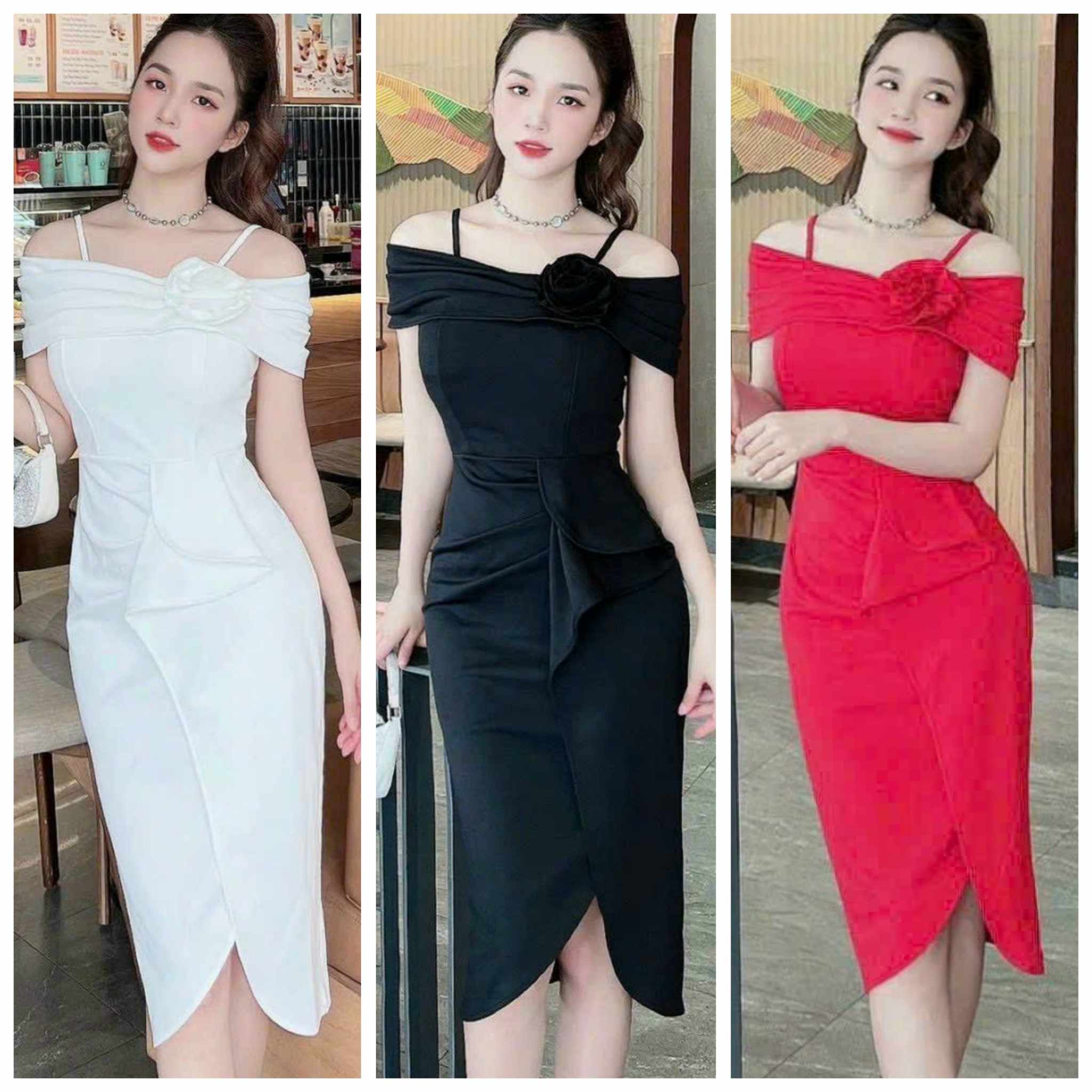 Đầm body trễ vai quây tà eo đính bông cực xinh quý phái ( Tặng kèm phụ kiện xinh ) – Kèm MGG ưu đãi & hỗ trợ phí vận chuyển tối đa