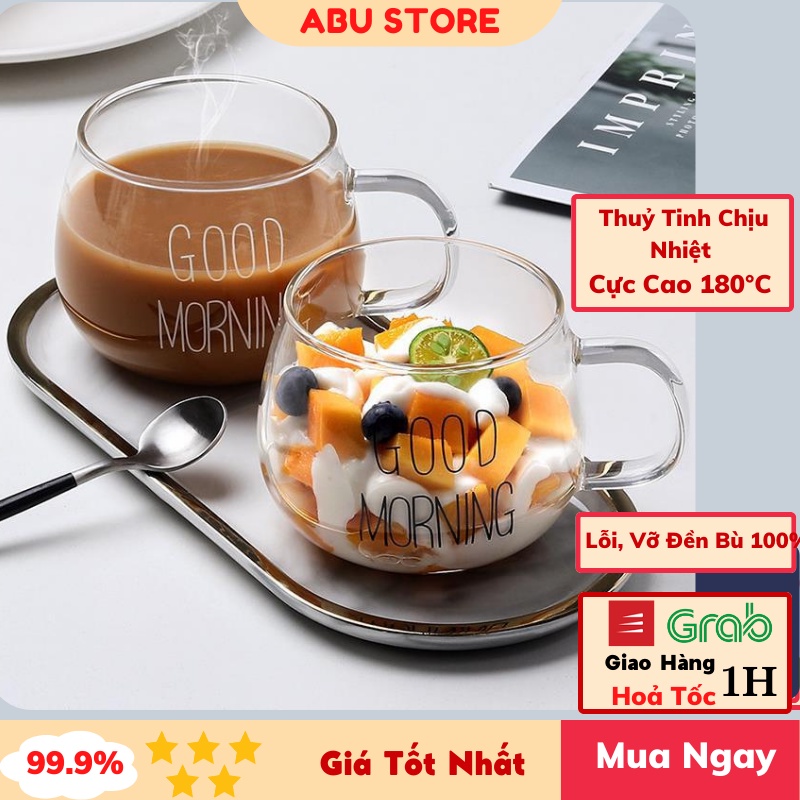 Ly thủy tinh trong suốt có in chữ goodmorning.cốc thủy tinh 350ml dùng để uống nước/trà/cafe/sữa.