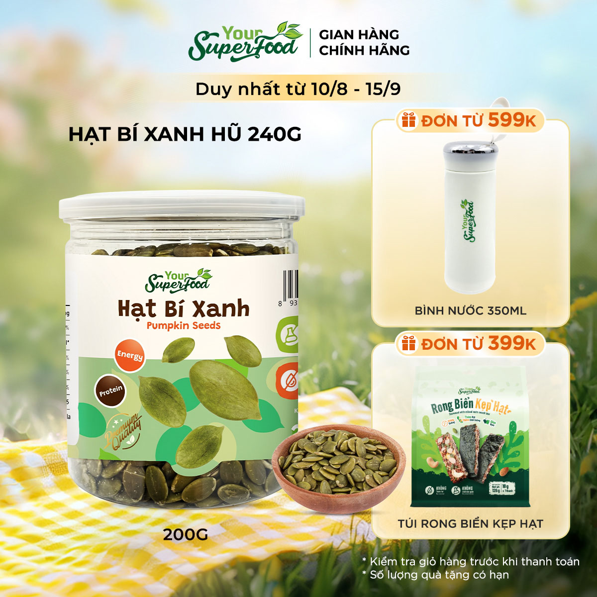 Hạt Bí Xanh Tách Vỏ Your Superfood Sấy Chín 240g Làm Sữa Hạt, Ăn Liền, Làm Bánh Healthy