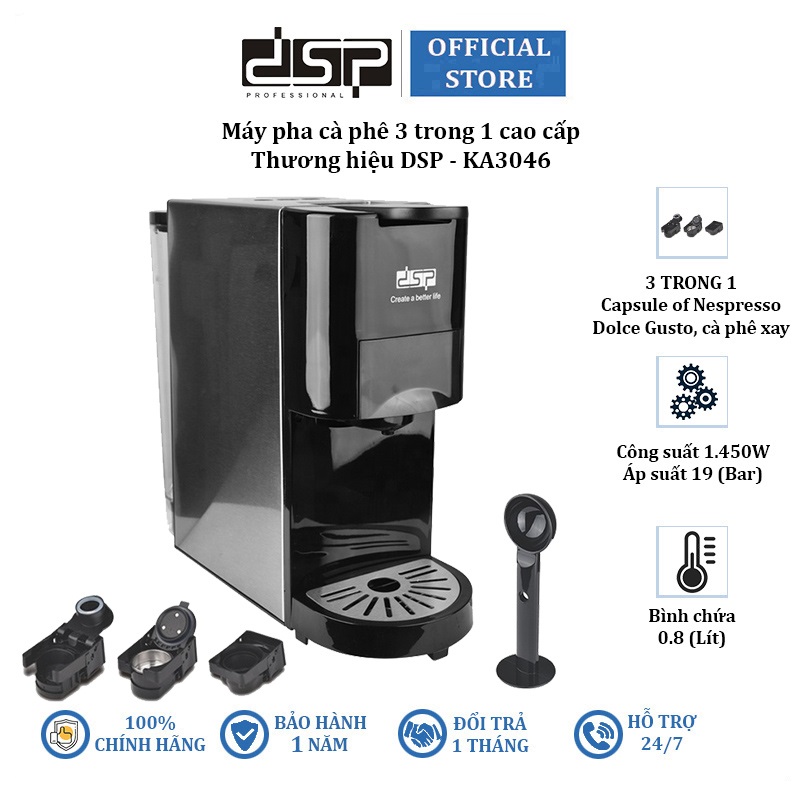 Máy pha cà phê 3 trong 1 thương hiệu hiệu dsp ka3046 1450w, áp suất 19 bar - hàng nhập khẩu