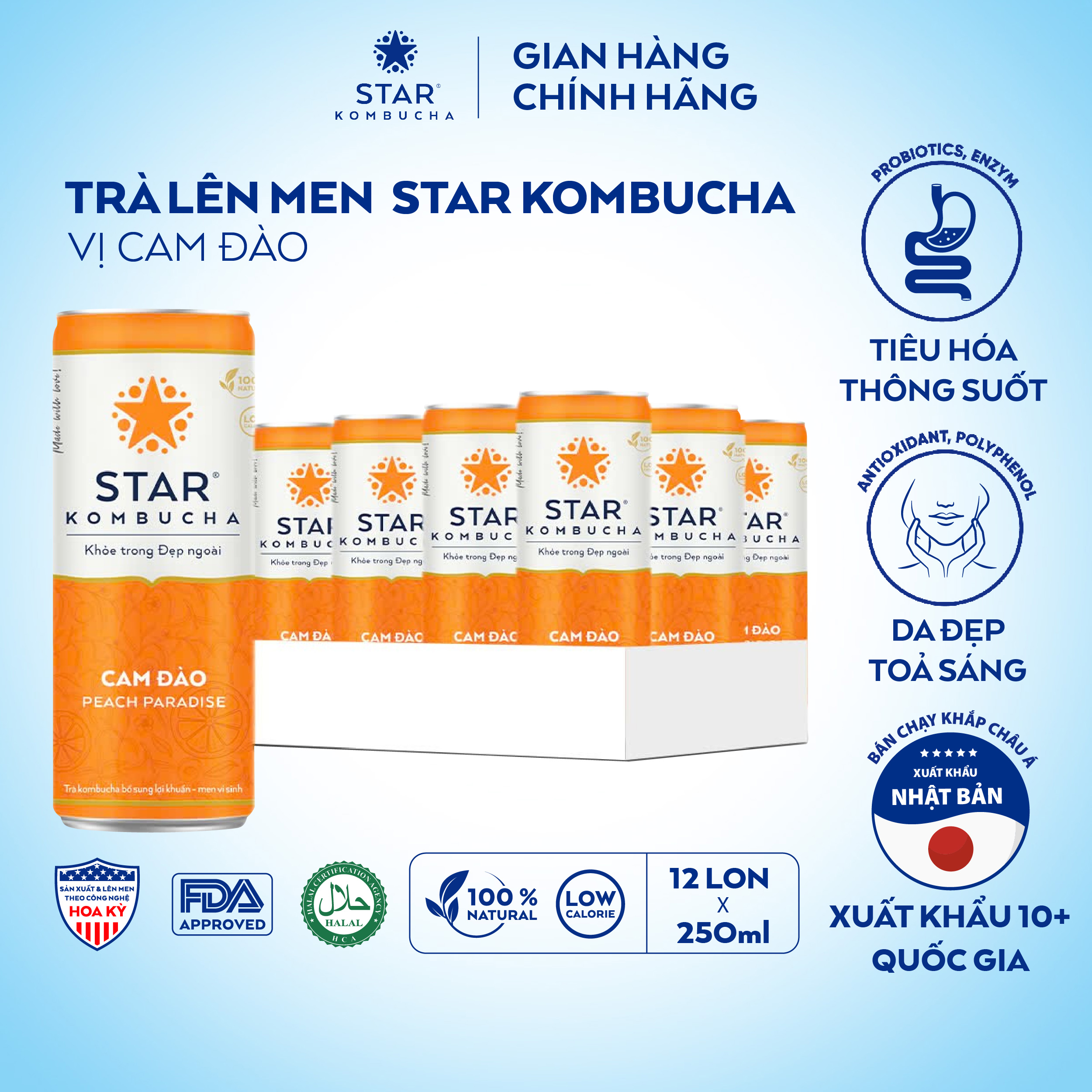  Thùng 12 lon thức uống lên men STAR KOMBUCHA Cam Đào   Peach Paradise  250ml lon  