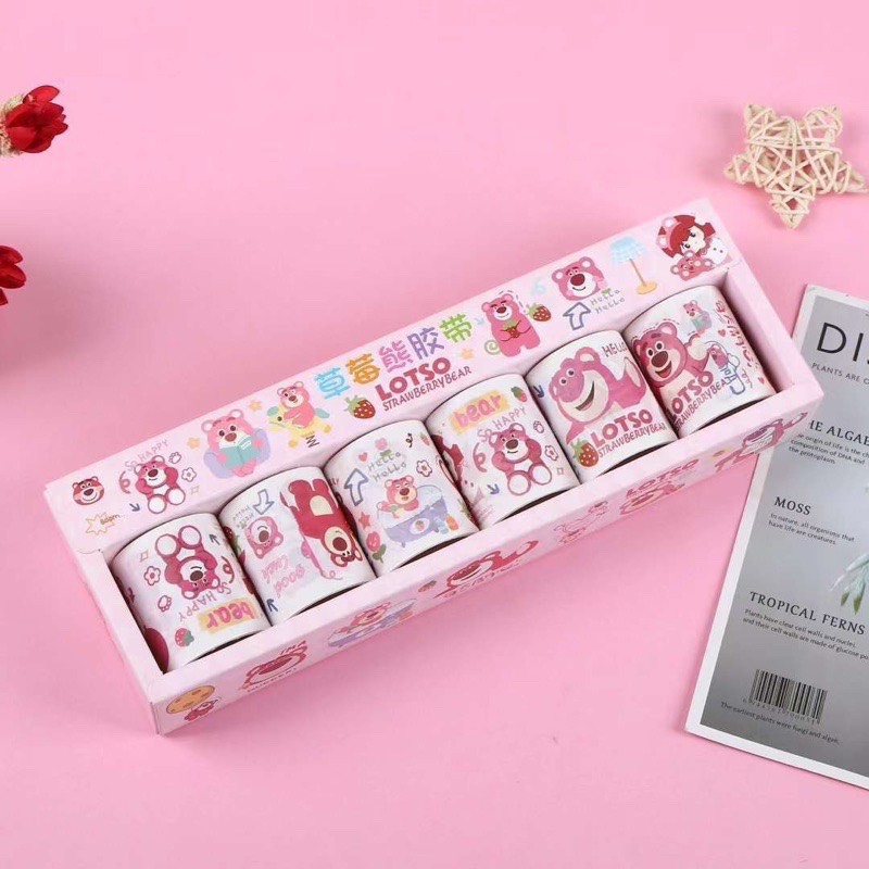 Hộp 6 cuộn Washi tape gấu dâu, gấu hồng