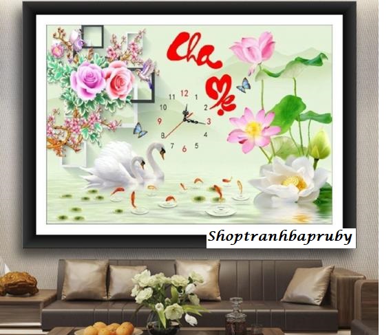Tranh đính đá đồng hồ cha mẹ hoa sen vs361 kích thước 70 x 50 cm