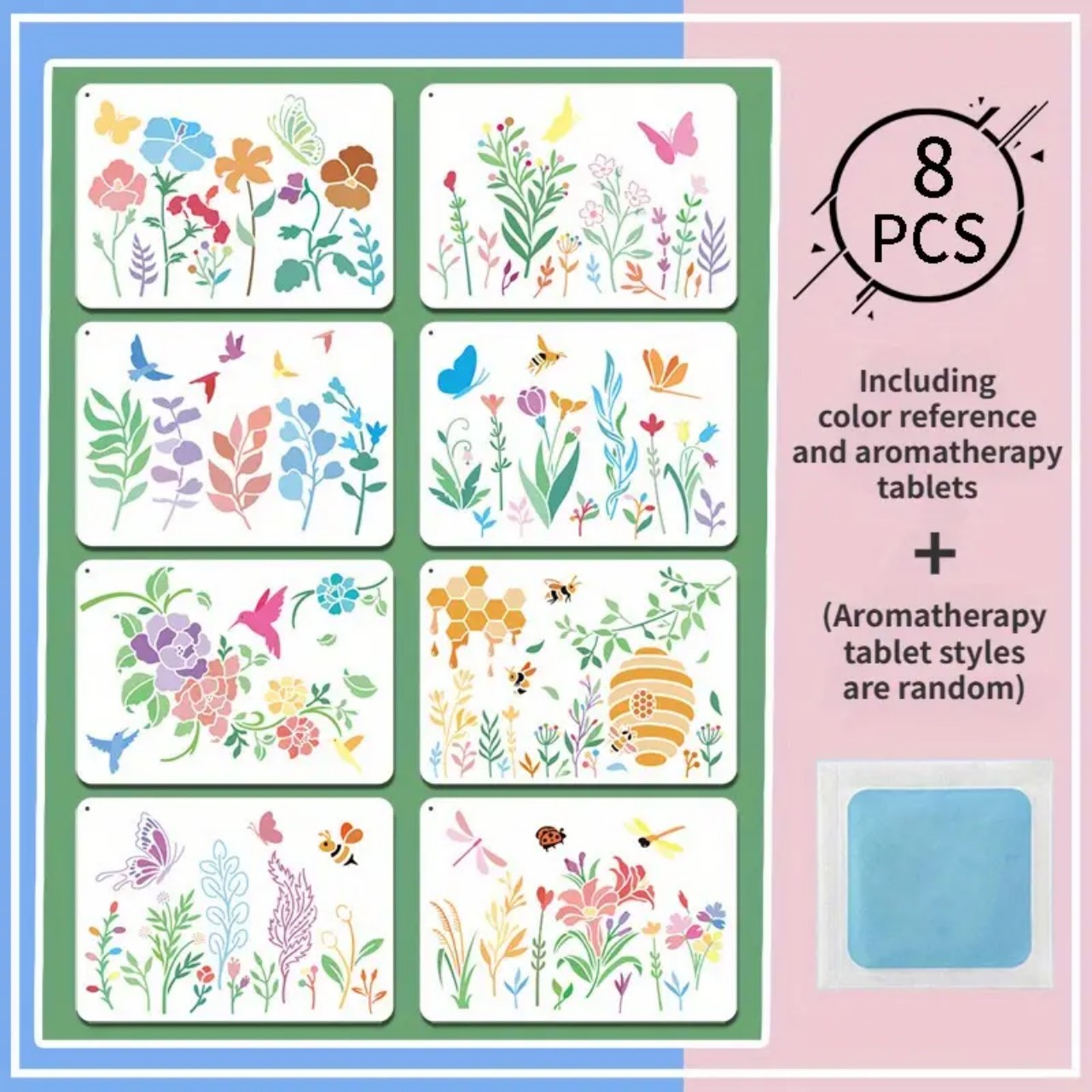 Set 8 khuôn vẽ bằng nhựa size A4 21 x 29cm vẽ hoa cỏ ong bướm, vẽ trên giấy, vải, tường, gỗ, gốm sú, dùng trang trí nhà, quán, thiệp, hộp quà...