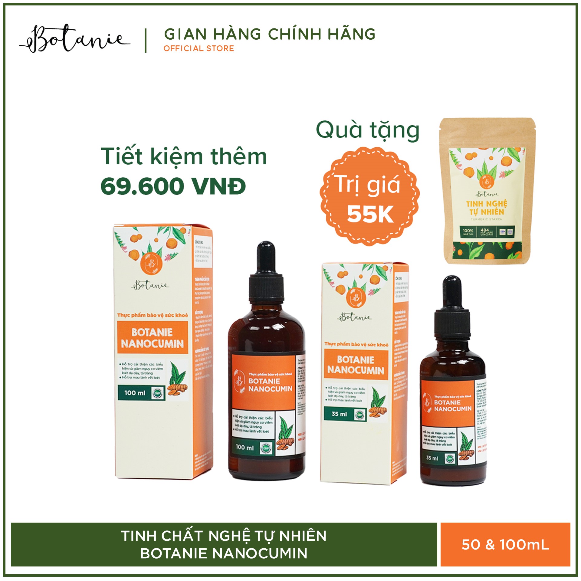 [HCM]Bộ Tinh nghệ nano Botanie Nanocumin 35ml & 100ml - Giảm đau dạ dày hỗ trợ mau lành vết loét dạ dày tá tràng + Tặng Tinh nghệ Tự Nhiên Botanie 50g