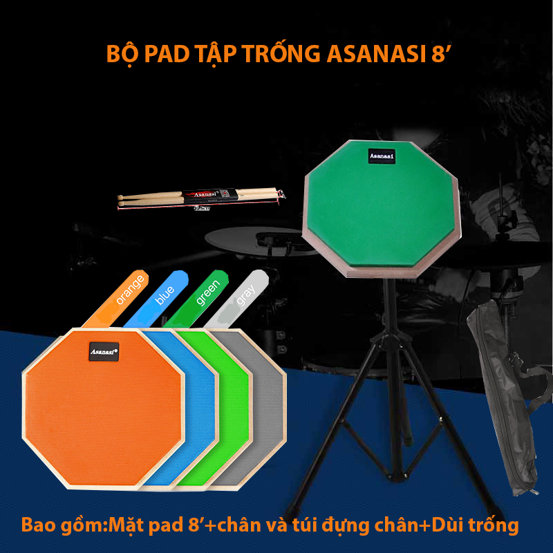 BỘ PAD TẬP TRỐNG (PAD8'+DÙI+CHÂN)ASSANASI-Bộ dụng cụ luyện tập khi học trống gồm mặt pad ,chân và dùi