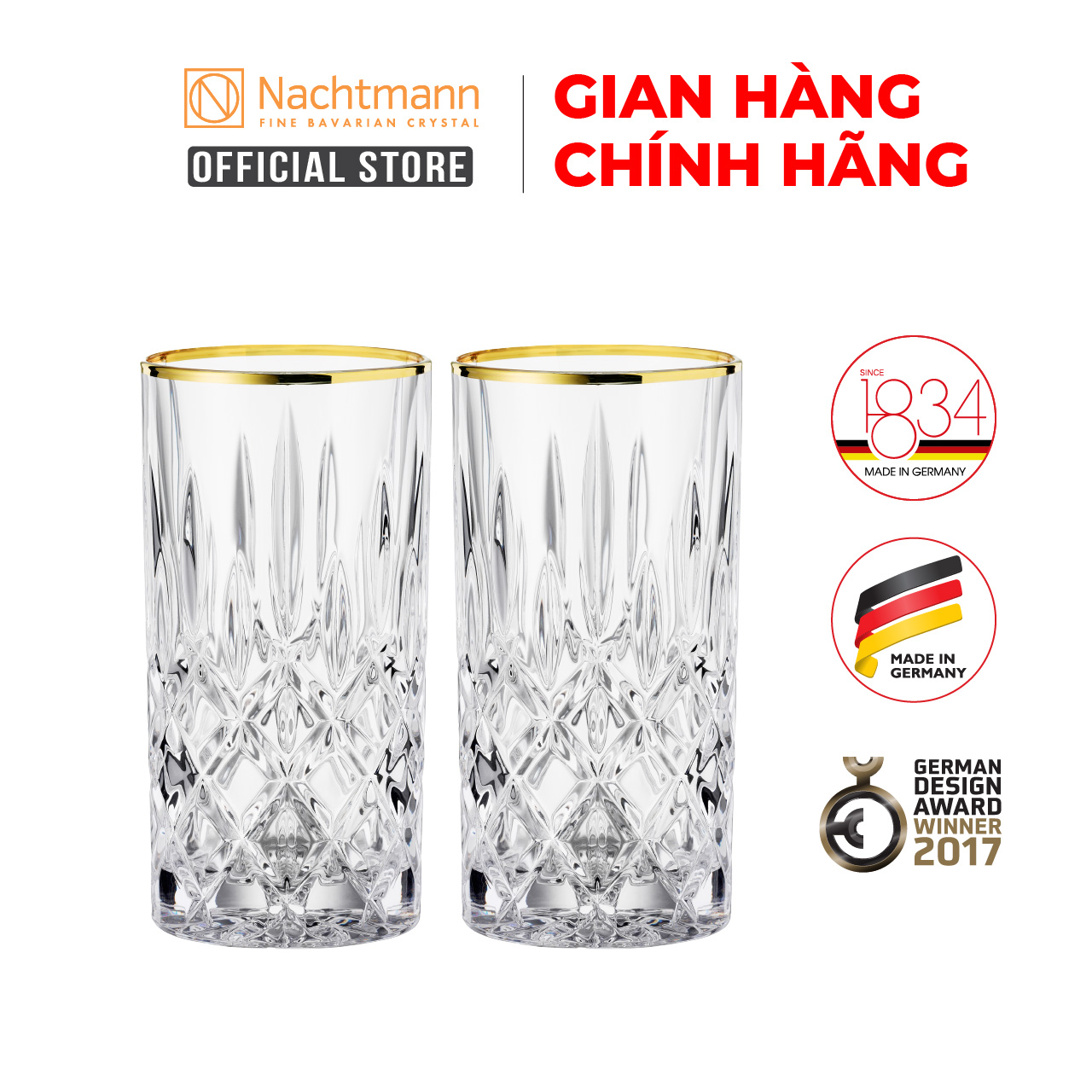 Bộ 2 ly pha lê cao Nachtmann Noblesse viền màu vàng-Hàng chính hãng