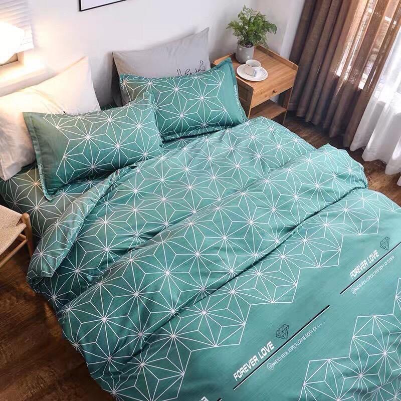 Bộ chăn ga gối phong cách Hàn Quốc kim cương xanh hiện đại bo chun đủ kích thước