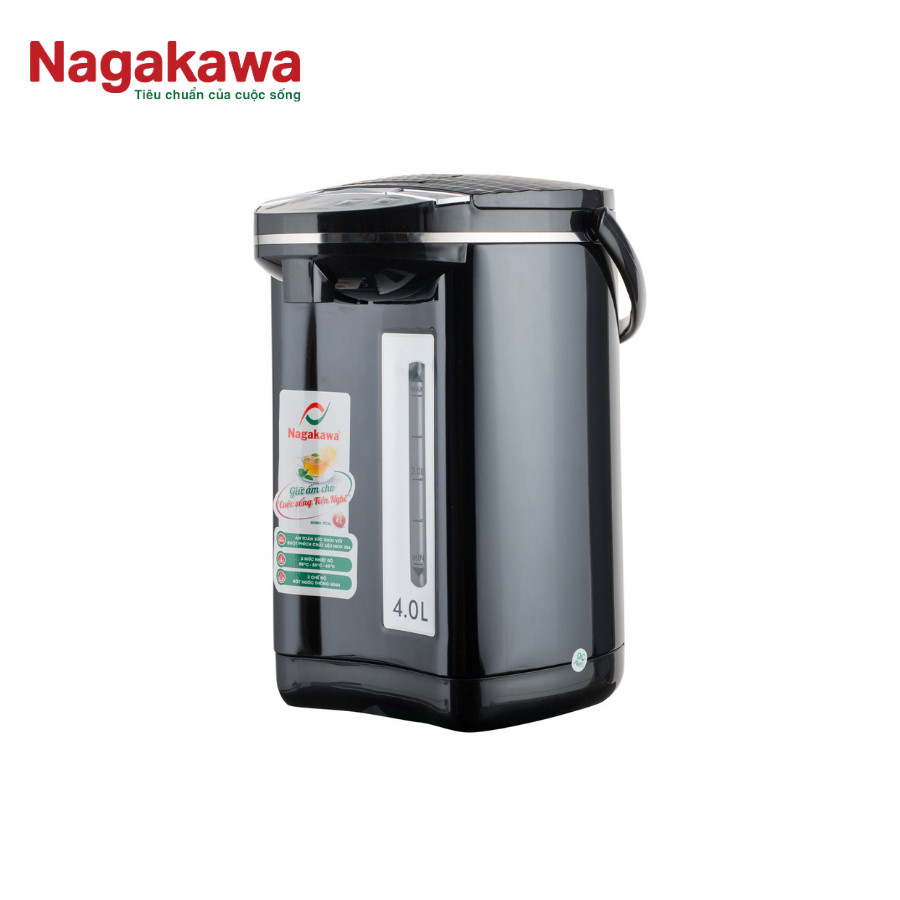 Bình thủy điện Nagakawa NAG0404 / NAG0405, dung tích 4 lít, công suất 750W, ruột ấm bằng inox 304 an toàn, đun sôi nhanh, có thang đo mức nước, 3 mức nhiệt giữ nóng, bảo hành 12 tháng