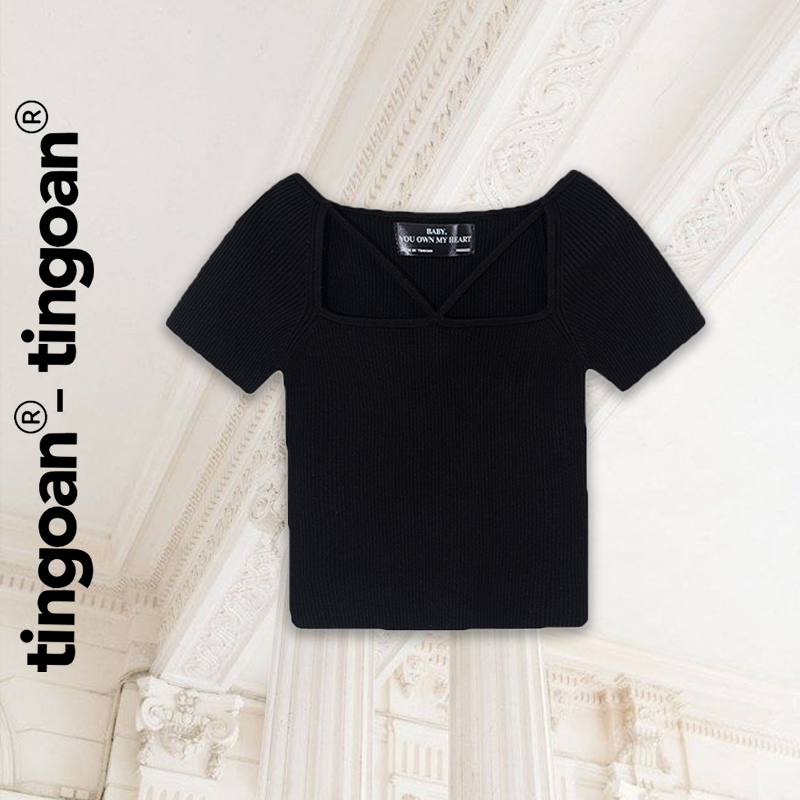 TINGOAN® - Áo len crop ngắn tay chéo dây đen MISSIN' U TOP/BL