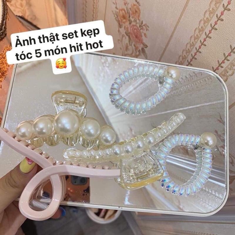 Sét 5 kẹp tóc Hàn Quốc siêu xinh gồm 3 càng cua 2 dây buộc tóc đính hạt