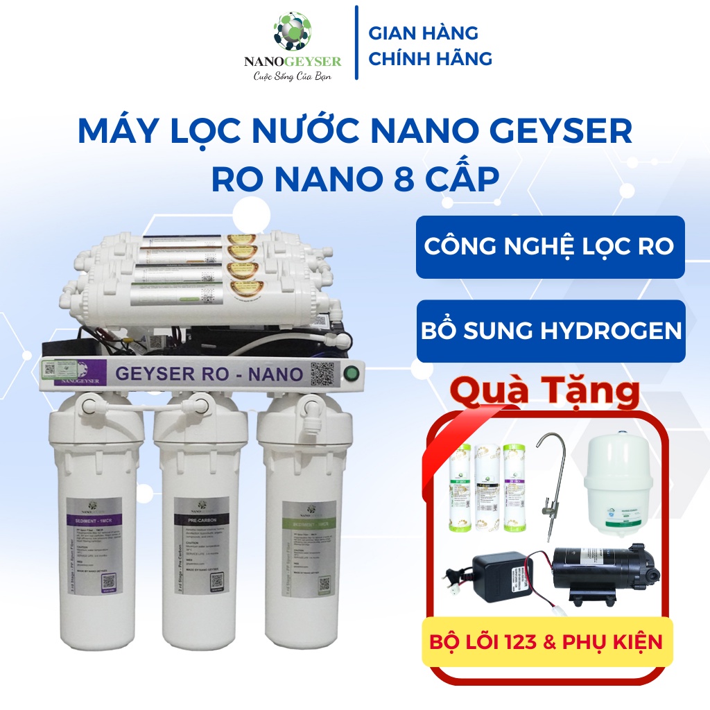 Máy lọc nước tinh khiết NANO GEYSER Ro, Nano 8 Cấp, công nghệ lọc RO, nước uống trực tiếp, bảo hành điện tử 5 năm