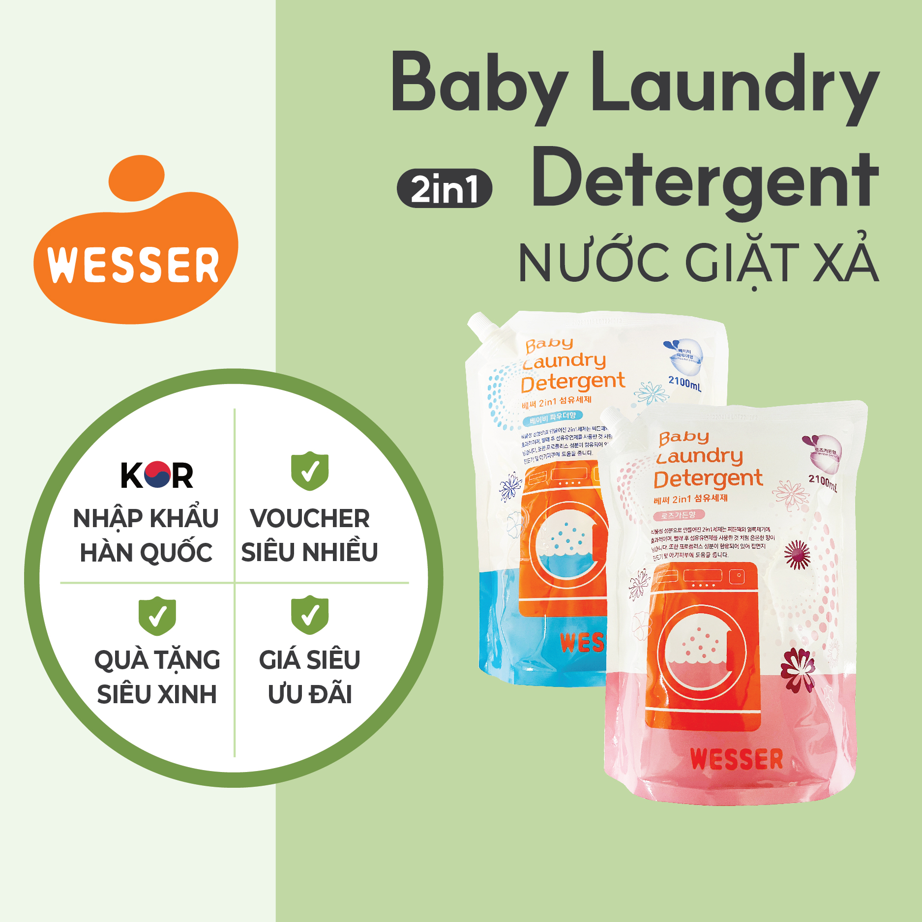 Nước giặt xả cho bé wesser 2 in 1 2100ml