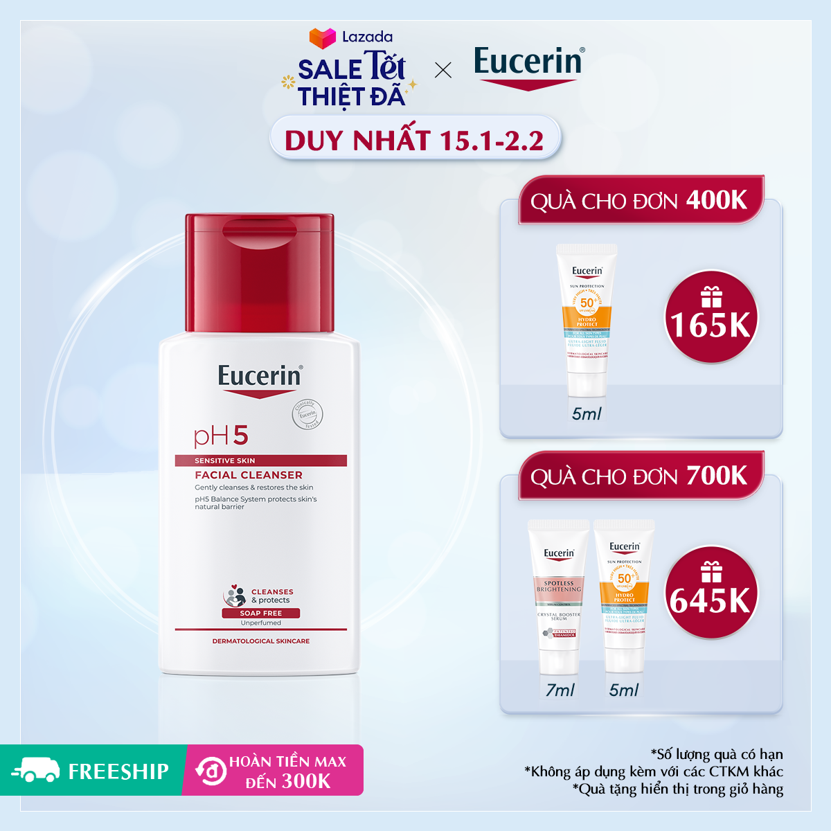 [15.1-2.2 - GIẢM 20% KHI THANH TOÁN] Sữa Rửa Mặt Dịu Nhẹ Cho Da Nhạy Cảm Eucerin pH5 Sensitive Skin Facial Cleanser 100ml