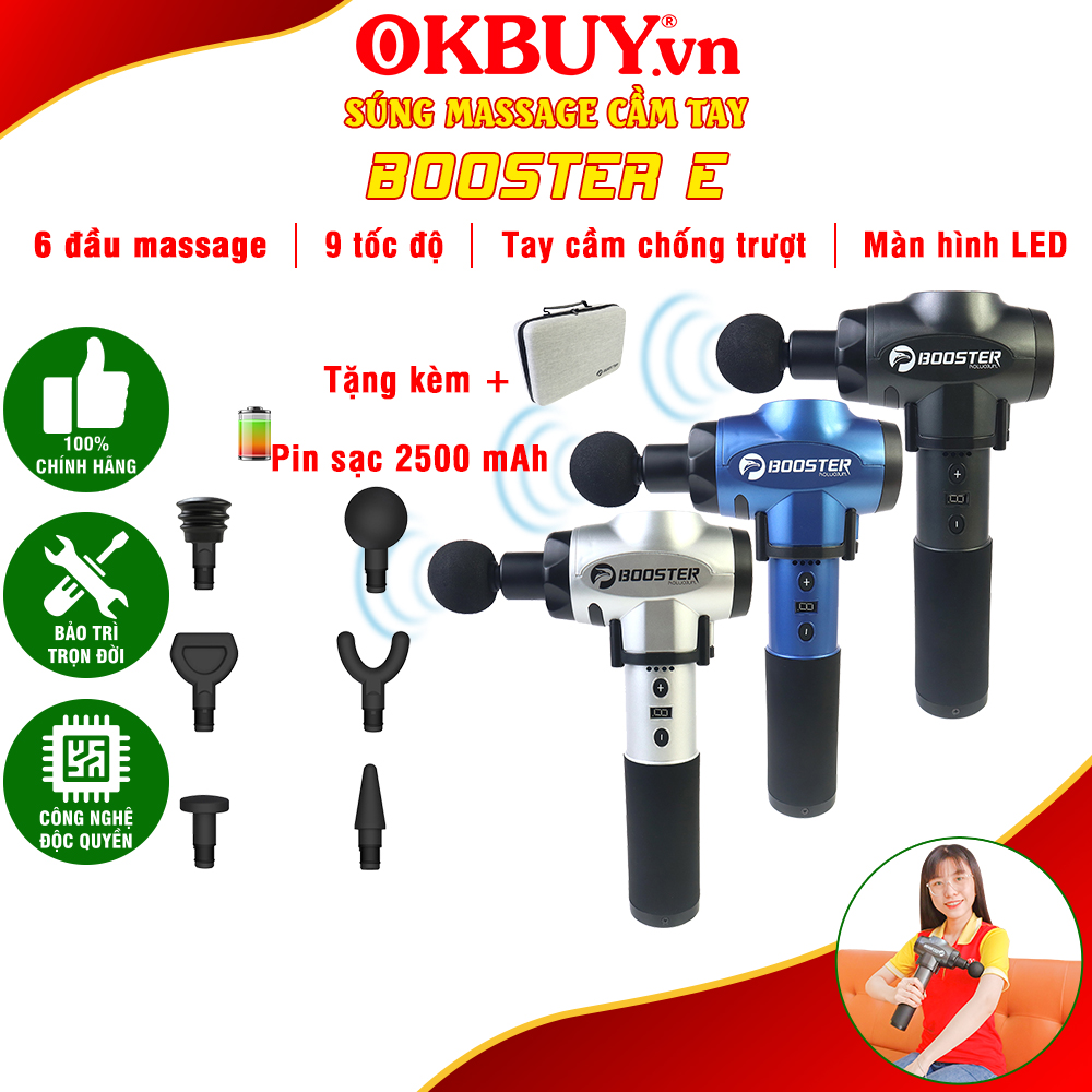 Súng massage cầm tay, súng giãn cơ, máy mát xa cầm tay Booster E - công nghệ Mỹ - công suất lớn 120W, 6 đầu, 9 tốc độ tùy chỉnh, hàng chính hãng