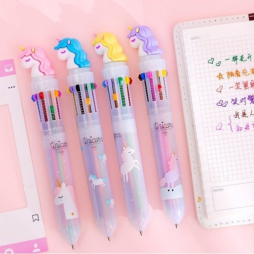 Bút bi 10 ngòi 0.5mm nhiều màu gắn hình kỳ lân dễ thương