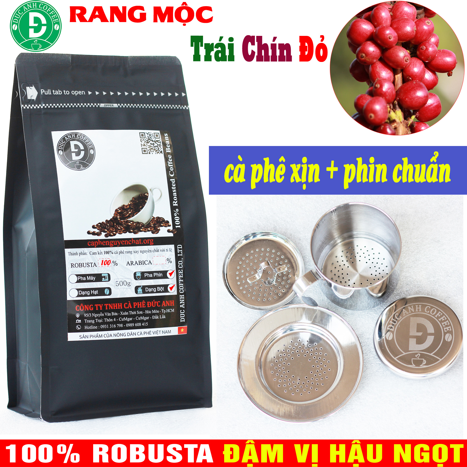 Combo Gói 500gr Cà Phê rang mộc nguyên chất + phin cà phê inox bạc logo - phiên bản giới hạn đặc biệt - đậm vị, đắng, mạnh, hậu ngọt - dạng Bột dùng pha phin - cà phê Đức Anh - cà phê rang mộc DUC ANH COFFEE