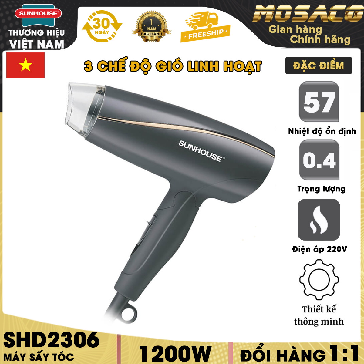 Máy sấy tóc SUNHOUSE SHD2306 công suất 1200W, 3 tốc độ sấy, có sấy mát tiện lợi. Máy sấy mini đầu sấy hẹp giúp luồng gió tập trung, tạo kiểu dễ dàng hơn, vỏ ngoài bằng nhựa ABS kháng khuẩn, chống bám bụi, đầu sấy hẹp - MOSACO