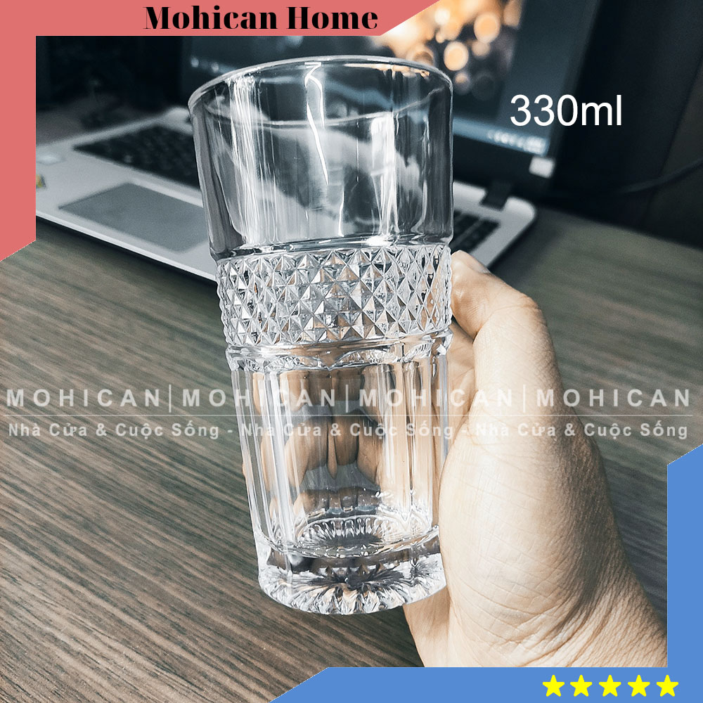 Ly thủy tinh cao cấp Hongli sọc khía thân carat 330ml, cốc thủy tinh đẹp pha cà phê nhập khẩu Mohican HONG-0611