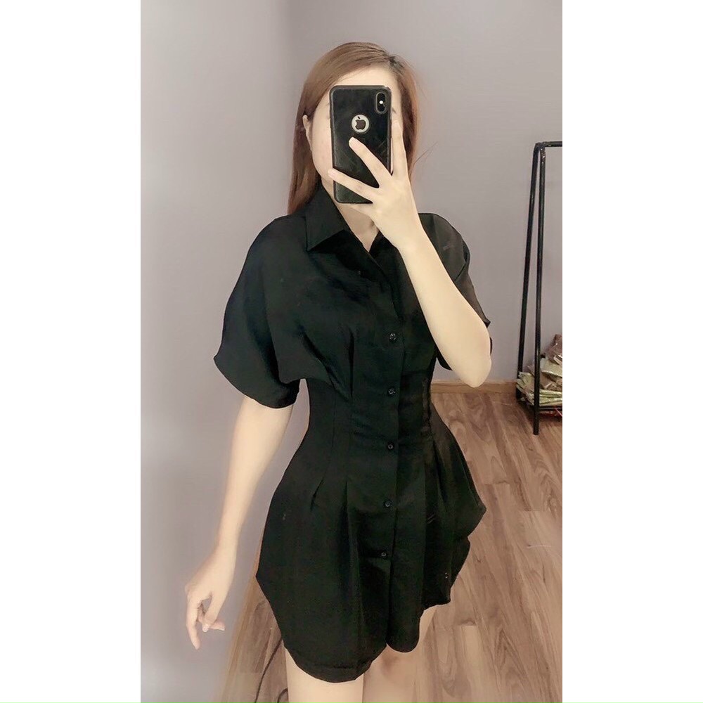 Đầm xòe cổ sơ mi tay ngắn kèm quần