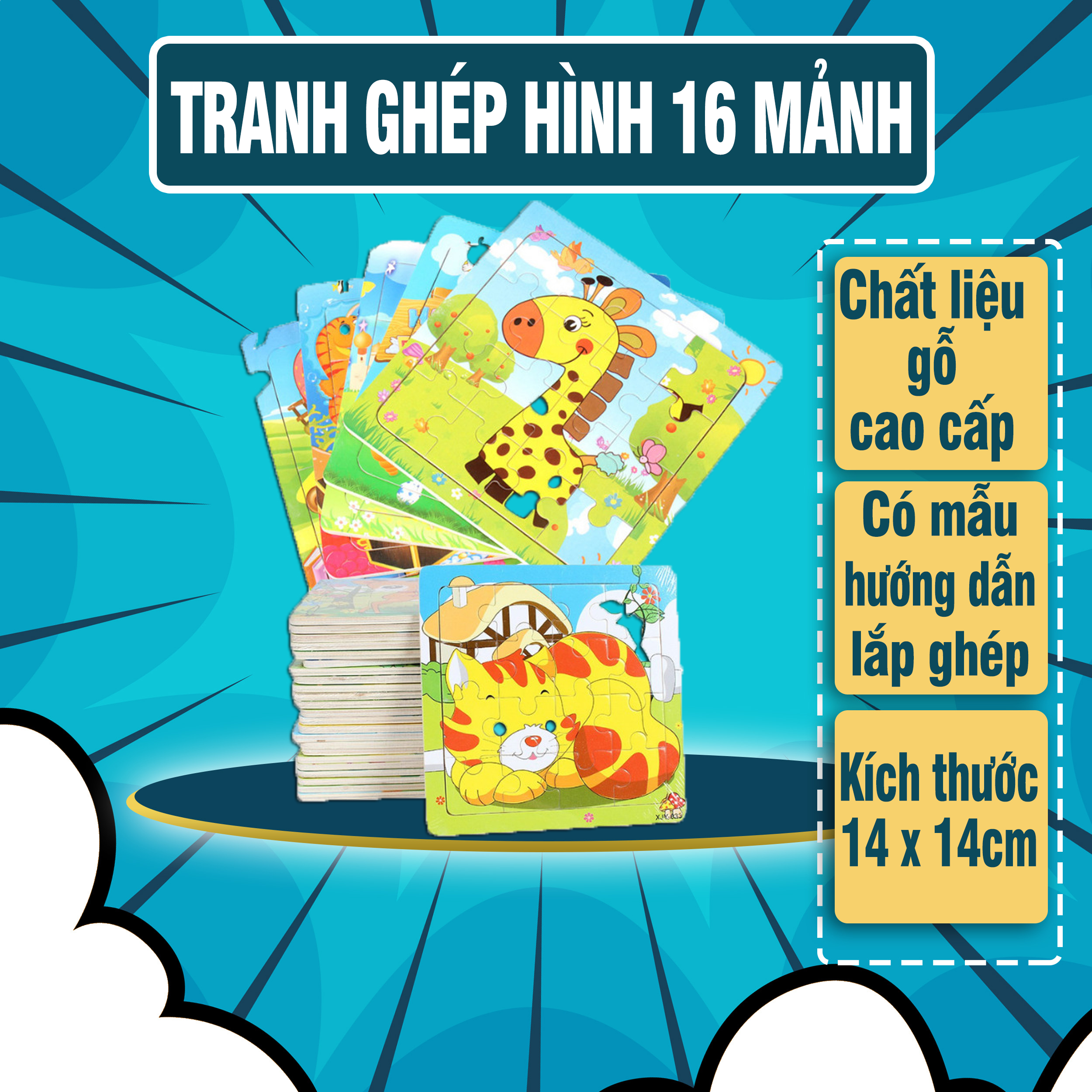 Tranh Ghép Hình 16 Mảnh - Chất liệu gỗ cao cấp an toàn cho bé - Đồ chơi cho bé rèn luyện trí nhớ và tư duy logic -  tranh ghep hinh, do choi ghep hinh, bo xep hình, tranh xep hinh, tranh ghep hinh cho be - Luna Baby Store