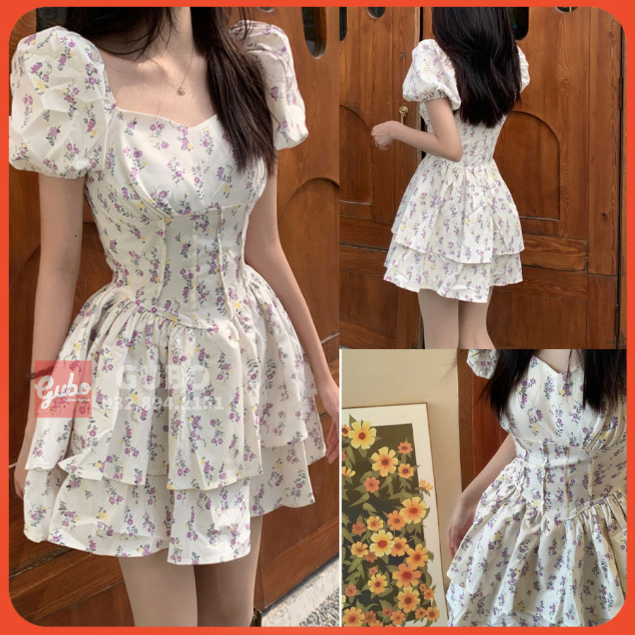 Váy nữ hoa nhí Đầm nữ tay phồng HOA NHÍ họa tiết ngọt ngào eo thon ulzzang GUBO7908