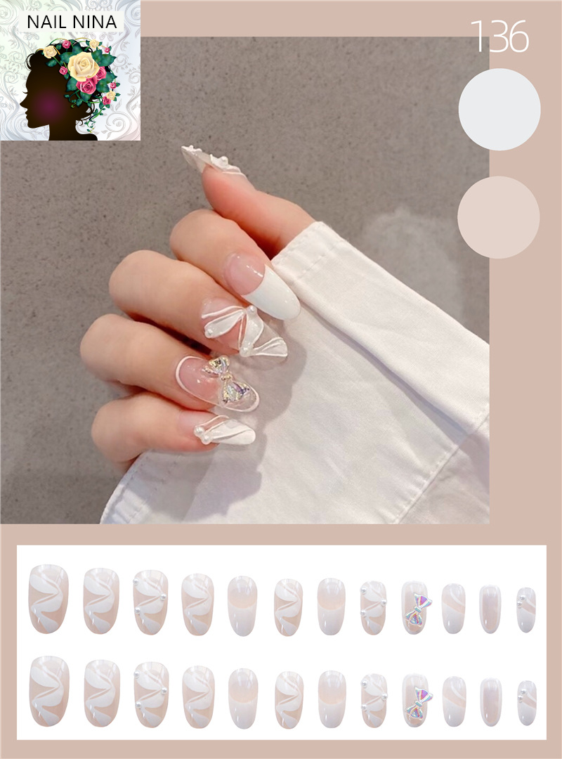 Bộ 24 móng tay giả Nail Nina trang trí nghệ thuật trắng sang chảnh mã 136【Tặng kèm dụng cụ lắp】