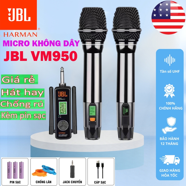 CHÍNH HÃNG | Micro Không Dây JBL VM950S - Tích Hợp Pin Sạc, Chống Hú, Sóng UHF Ổn Định, Lọc Âm Tốt, Thời Lượng Pin 6 - 12 Giờ, Micro Karaoke Đa Năng Sử Dụng Cho Loa Kéo, Amply, Mixer.Bảo Hành 12 Tháng