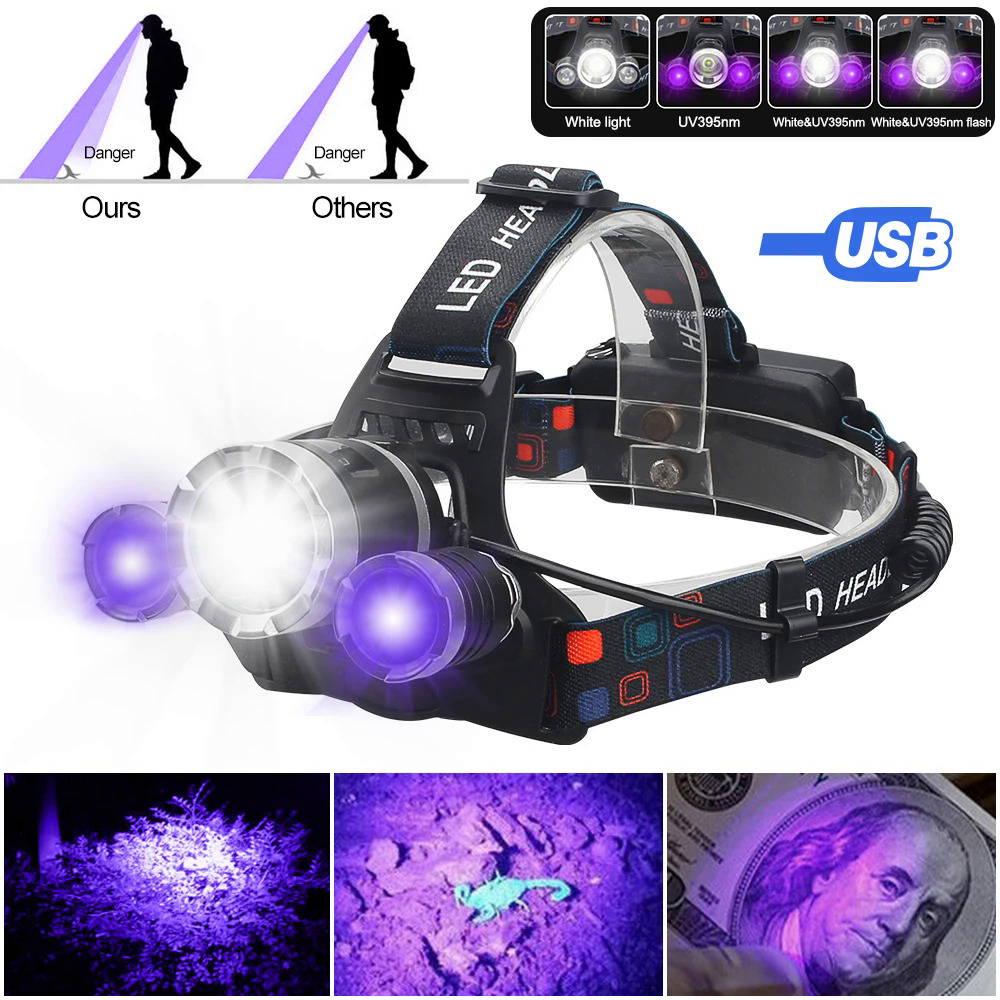Không thấm nước UV & ánh sáng trắng đèn pha uv395nm tím đầu Ánh sáng 4 chế độ đầu ngọn đuốc điện bằng 2 cái 18650 pin để phát hiện
